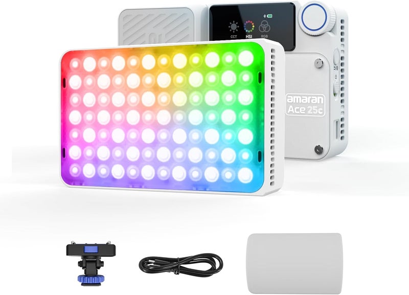 AMARAN ضوء فيديو Ace 25c، ضوء محمول RGB بقوة 25 واط للتصوير الفوتوغرافي، أضواء فيديو على الكاميرا CRI/TLCI 95+، CCT 2,300K-10,000K، ضوء Vlog قابل لإعادة الشحن وقابل للتعتيم، تحكم عبر التطبيق، شحن PD (أبيض) - Image 1